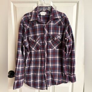 Wrangler Men's Casual Plaid Pearl Snap Button Flannel Shirt - Burgundy and Navy